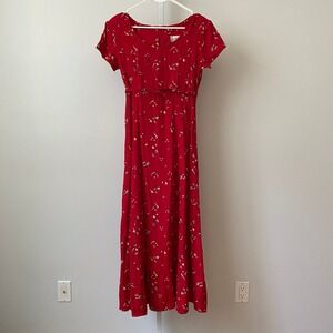 VTG Decked Out Dainty Prairie Floral Print Belted Maxi Dress 7/8 Red Summer